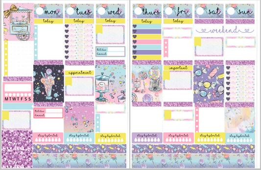 Candy-Themed Planner Sticker Kit – 9 Sheets | Foiled Date Covers | Vertical Planner Stickers