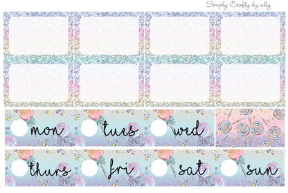 Candy-Themed Planner Sticker Kit – 9 Sheets | Foiled Date Covers | Vertical Planner Stickers