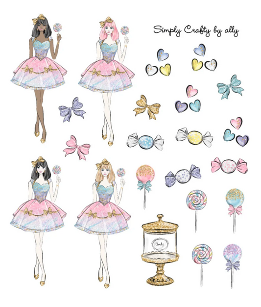 Candy-Themed Planner Sticker Kit – 9 Sheets | Foiled Date Covers | Vertical Planner Stickers